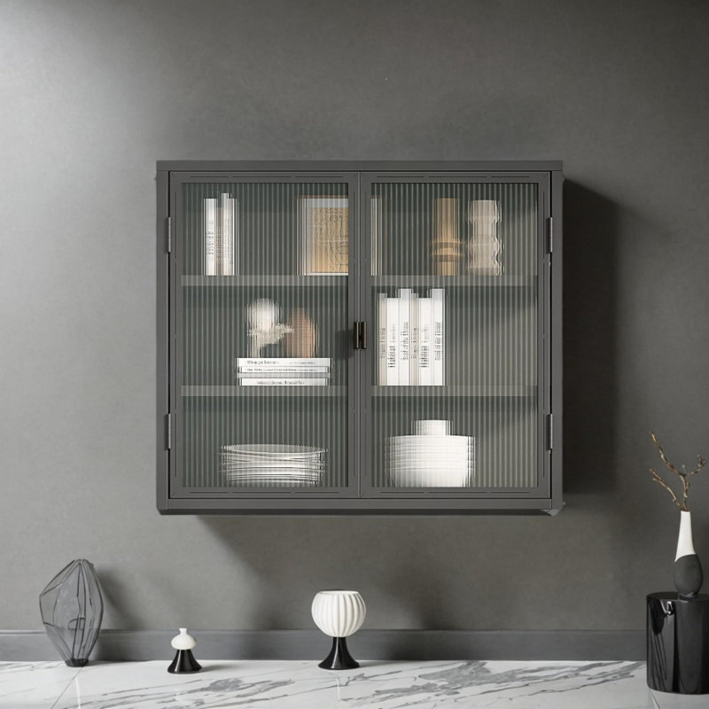 Armoire murale moderne à deux portes avec portes en verre 27,56 po Rielley, Gris foncé