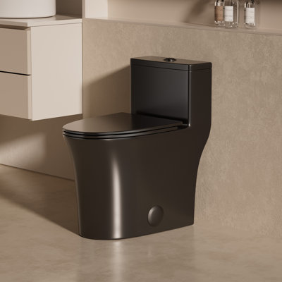 WC à hauteur confort 43 cm, monobloc, allongé, abattant à fermeture ralentie et démontage rapide, double chasse d'eau, chasse d'eau à siphon puissante MAP 1000 g, compact et carrelé, noir