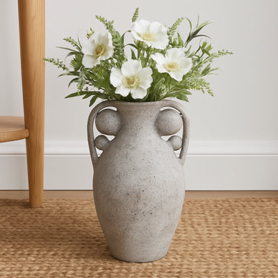 Rustic Terracotta Tall Table Vase With Orbs Under Handles - Contemporary Vases For Flowers And Home Decor Interiors - 26", Grey