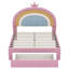 Lit simple pour enfant rose avec tête de lit arc-en-ciel et tiroir de rangement