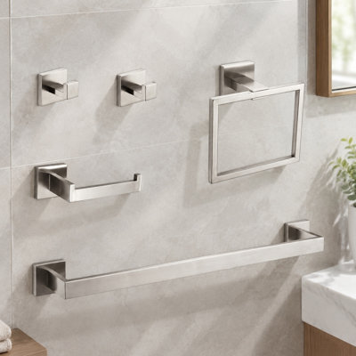 5-Piece Bathroom Hardware Set, Brushed Nickel Stainless Steel, Wall Mounted