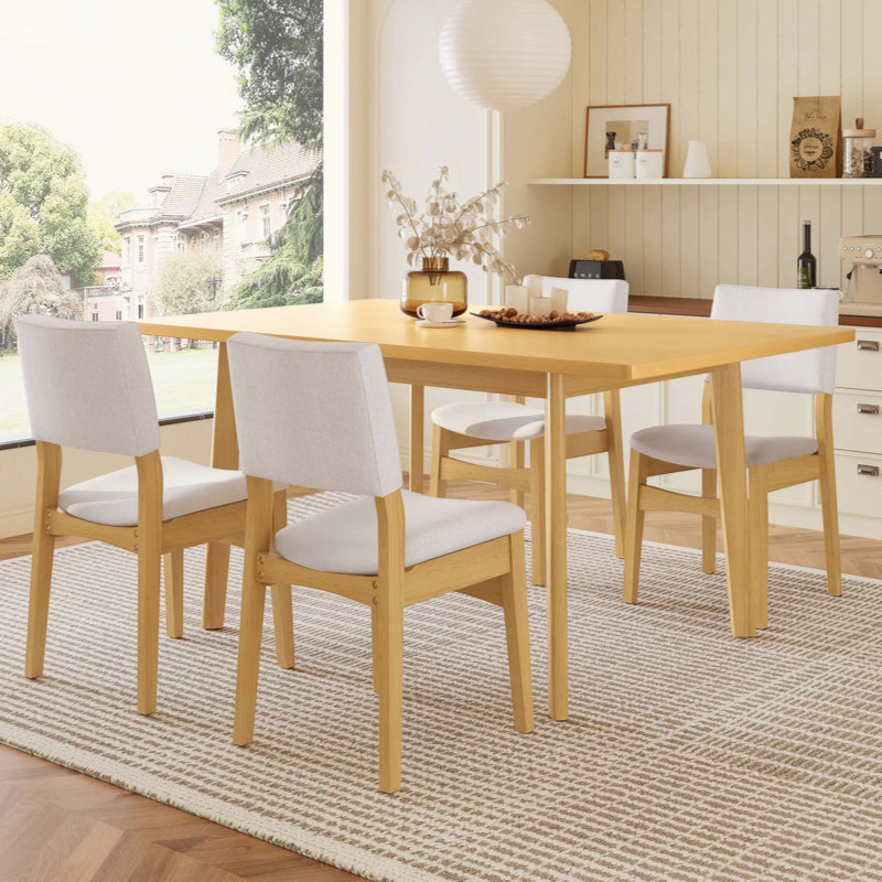 Upholstered Stackable Dining Chairs Set of 2 - Linen Fabric Seat, Frame, Rustic Modern Kitchen & Dining Room Chairs, Natural