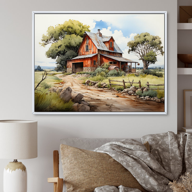 Paysage de ferme II - impression, Cadre flottant blanc, H 16 po x l 32 po x P 1 po