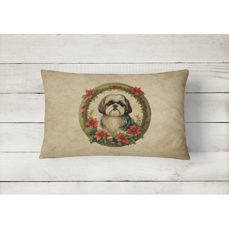 Coussin décoratif intérieur / extérieur en polyester Christmas, 12 po x 16 po, Rectangulaire, Shih tzu
