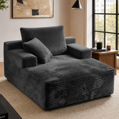 47" sofa and 65''Depth Compression Boneless Chaise Lounge Chair, Corduroy Fabric Single Sofa with Wide Double Armrest & Pillows, Vacuum Compressed No Assembly Sofa for Bedroom Living Room, Grey