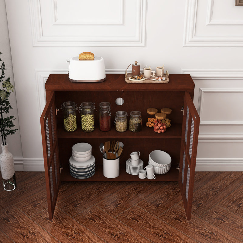 Buffet Mid-Century en rotin avec 2 trous de sortie, crédence de bar à vin et café, Noyer