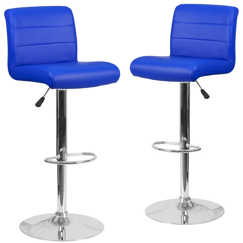 Contemporary Vinyl Adjustable Height Barstool with Rolled Seat and Chrome Base, Blue