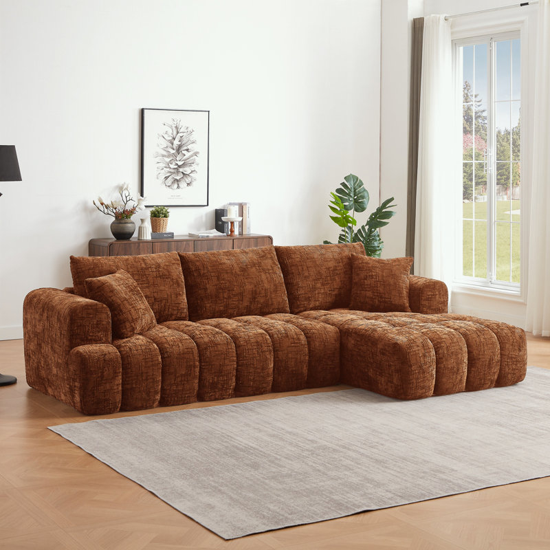 Canapé modulaire en chenille orange 108 po, conception capitonnée et ressorts ensachés, sans assemblage, Chenille orange