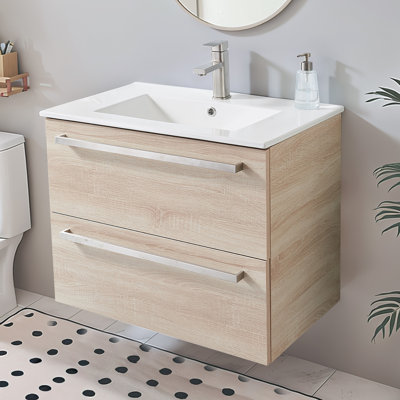 Ensemble de meuble-lavabo mural simple 30 po grain de bois moderne avec lavabo en céramique