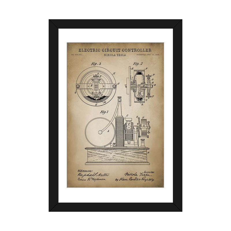 « tesla electric circuit controller, beige », impression sur toile, Papier d'art encadré noir, Blanc