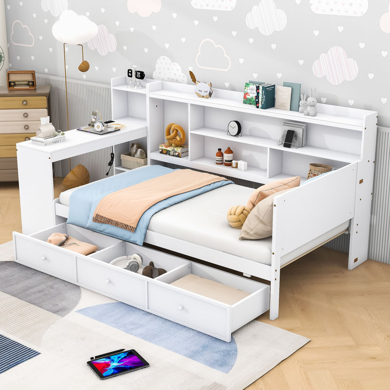 3 Drawers Wood Daybed with Built-in-Desk, Twin, White