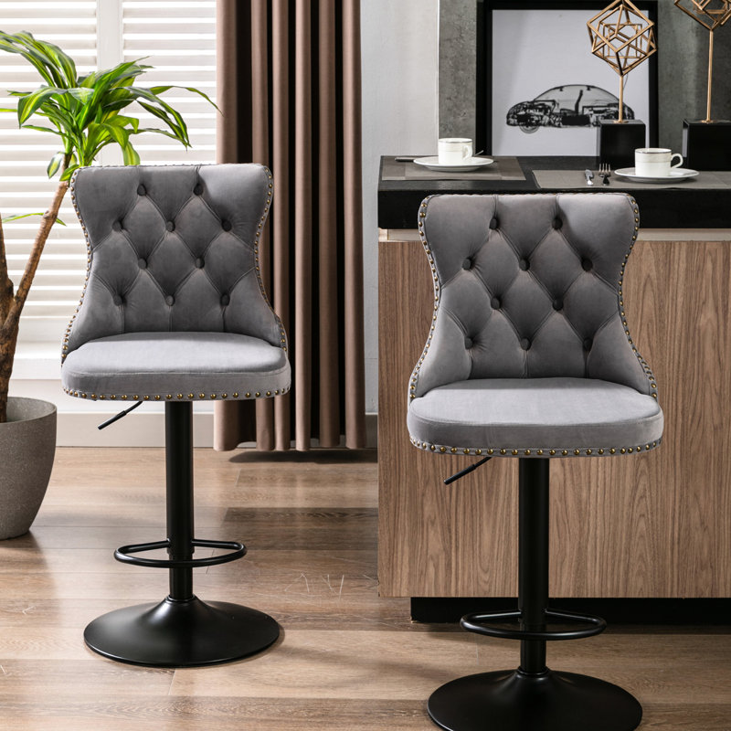 American Style Gray Velvet With Backs, Of 2, 360 Swivel, Adjustable Seat Height 25 - 33 Inch, 17.7 Inch Large And Base, Ergonomic Seat, Hand Pulled Buttons For Kitchen Modern Upholstered Hammered