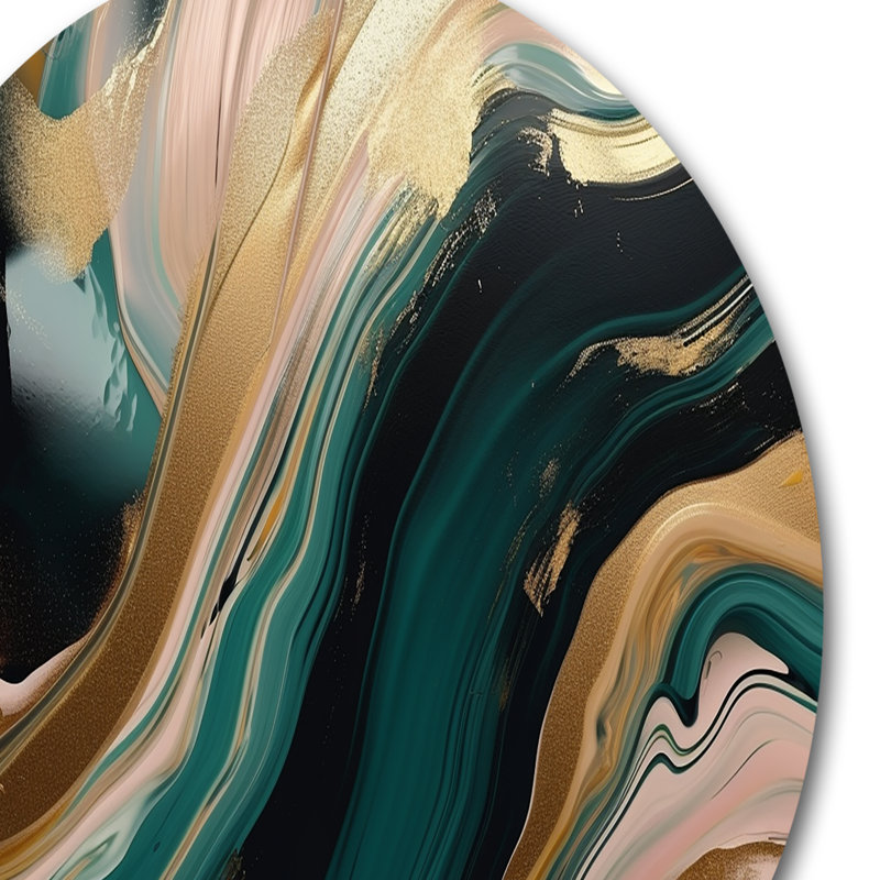 Or et vert marbré Euphoria III - art mural rond en marbre abstrait, H 16 po x l 16 po x P 1 po