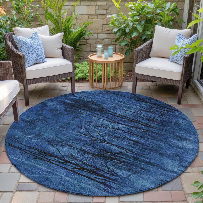 Tapis bleu intérieur / extérieur lavable à la machine Xhevrie, Rond 8 pi