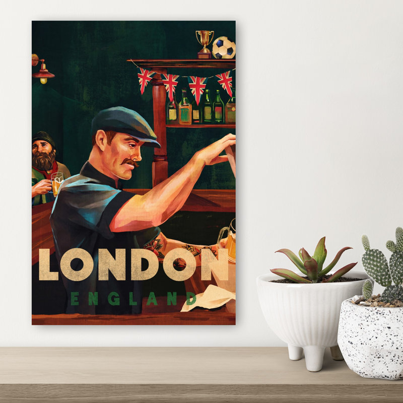 Londres, Angleterre, pub, barman, classique, rétro, art mural traditionnel, 18" H x 12" W