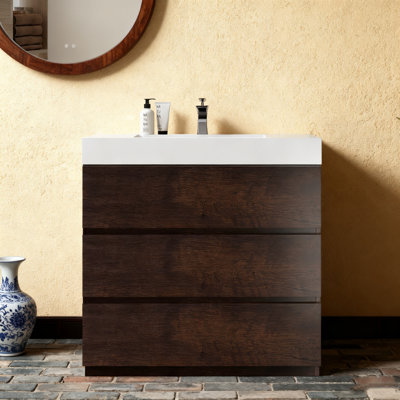 Meuble-lavabo autoportant en noyer - blanc (sans drain / robinet), pré-assemblé