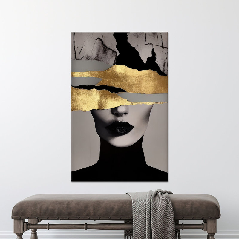 Art mural en verre trempé femme dorée: toile imprimée abstraite, toiles or encadrées 1P, 31,6 po H x 23,7 po l