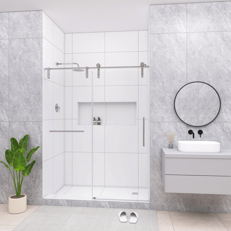 56 à 60 po X P 76 po H Porte de douche coulissante simple sans cadre au fini chromé, Chrome chrome