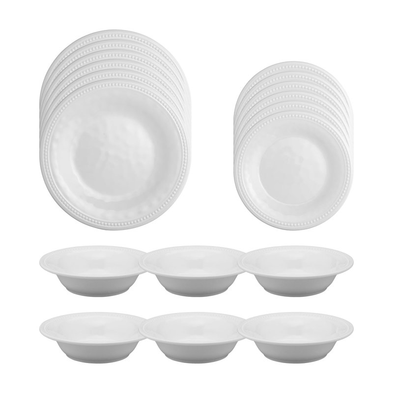 White Beaded 18 Piece Melamine Dinnerware Set Plate and Bowl Set - Service for 6