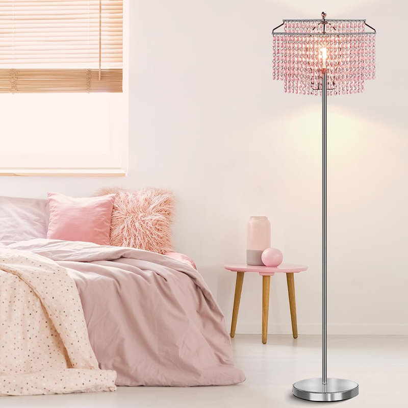 64.2'' Chrome LED Novelty Floor Lamp with USB, Brushed Silver, Pink