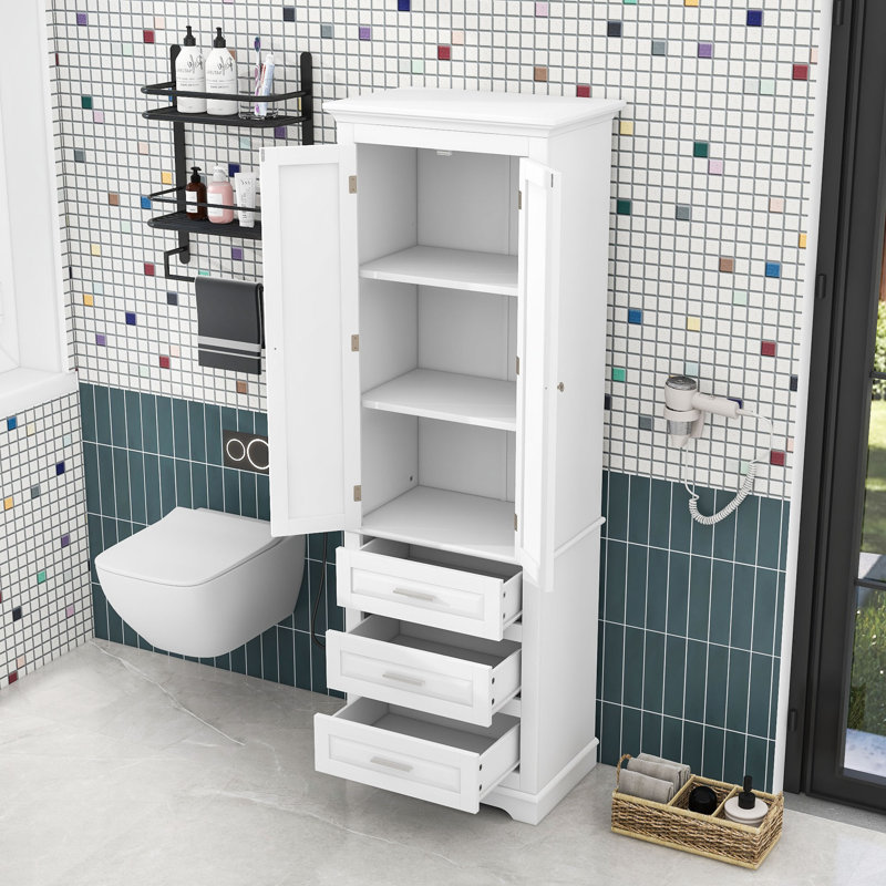 Bathroom Cabinet with 3 Drawers and Adjustable Shelves, White, 69.6" H x 23.8" W x 15.5" D