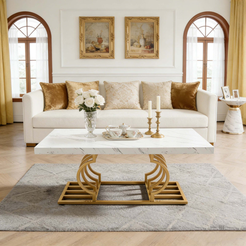 Table basse rectangulaire en faux marbre avec cadre géométrique