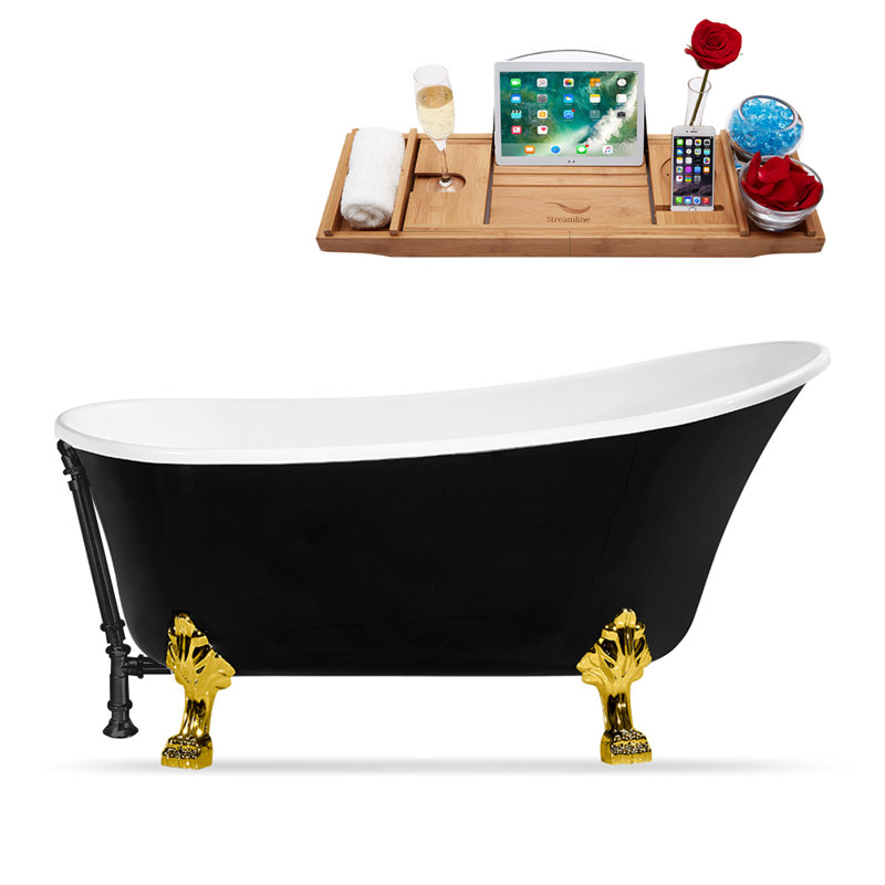 Baignoire de trempage sur pieds 59 "avec drain, pattes et plateau en bambou 59" Streamline, Or poli, Noir mat