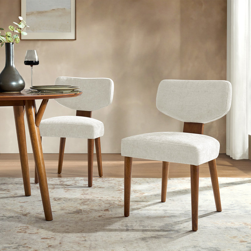 Mid Century Modern Upholstered Dining Chairs (Set of 2), Ivory