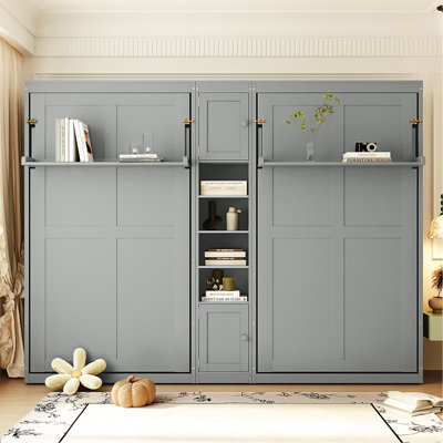 Lits simples escamotables doubles avec armoires et tablettes, gris
