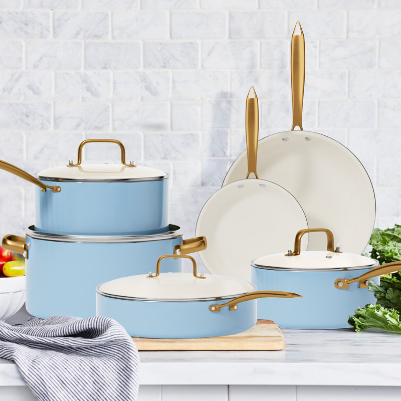 Batterie de cuisine en céramique antiadhésive allant au four 15 pièces, Bleu