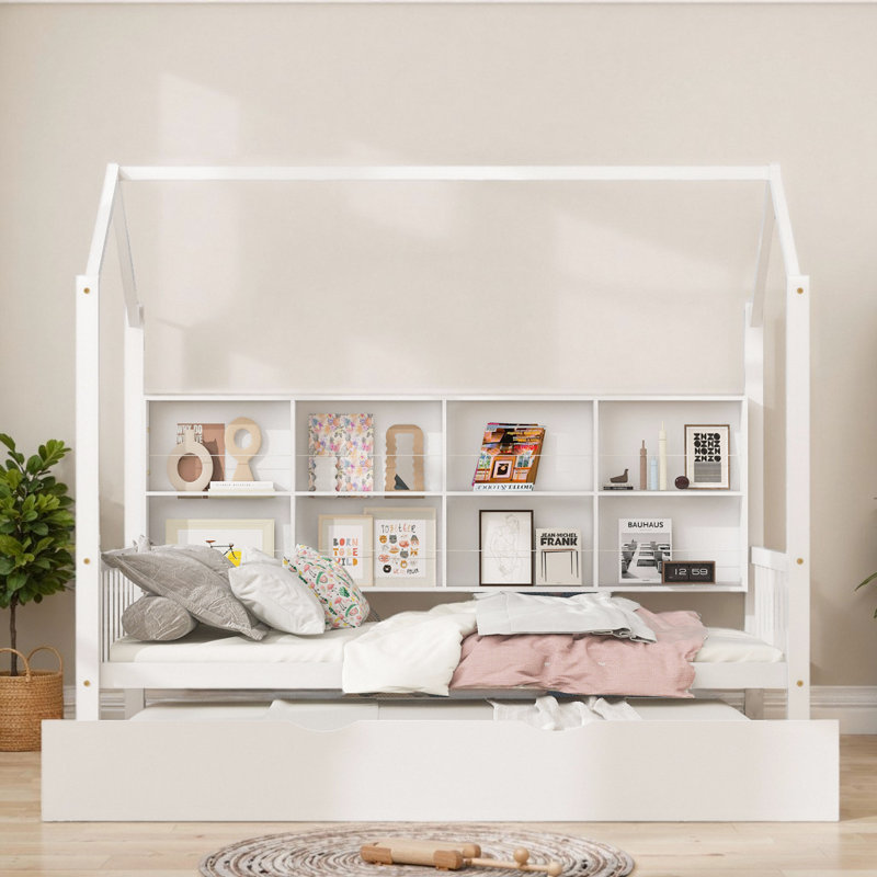 Playhouse Bed Kids Dream Bed with Trundle Bed and Storage Shelf, Twin