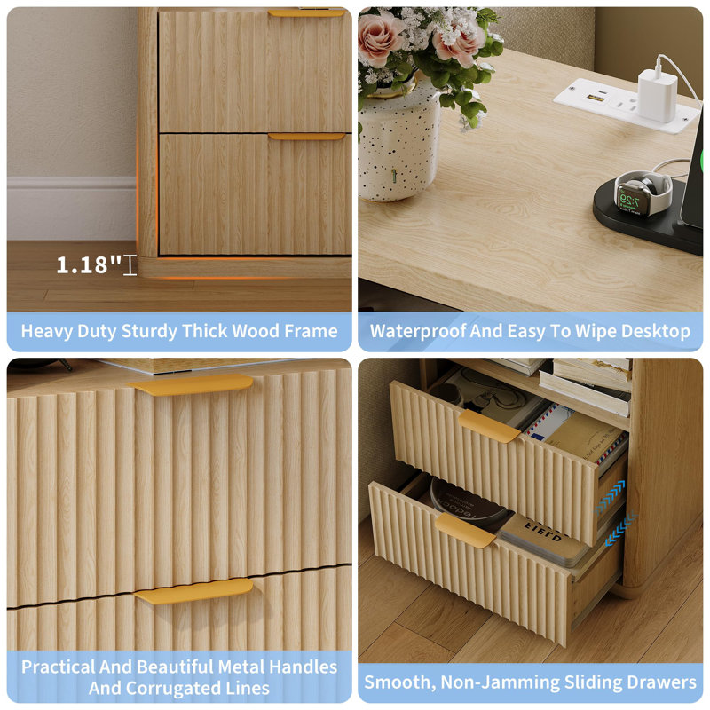 Modern Fluted Nightstand Bedside Table with Charging Station,Drawers and Open Storage Space for Bedroom, Set of 2, Yellow