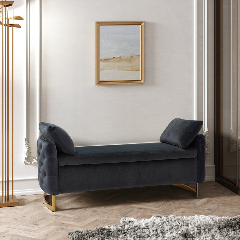Banc de rangement moderne Aristides de 149 cm de large, capitonné, à couvercle rabattable et deux coussins, Noir