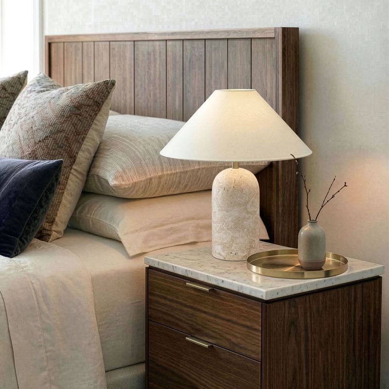 Sansa Lampe de table moderne à DEL avec abat-jour tambour en coton, base en pierre de travertin naturel, Pierre, Crème