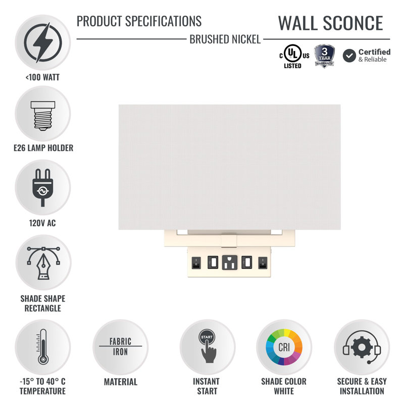 Modern White Fabric Shade Wall Sconce with USB Ports