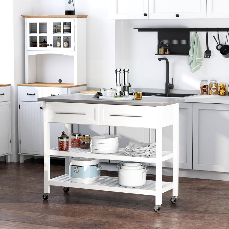 Kitchen Storage Trolley, Stainless Steel Top And Rustic Look, Gray, 3 Shelving With Drawers Cart, Countertop Decor, For Space Saving
