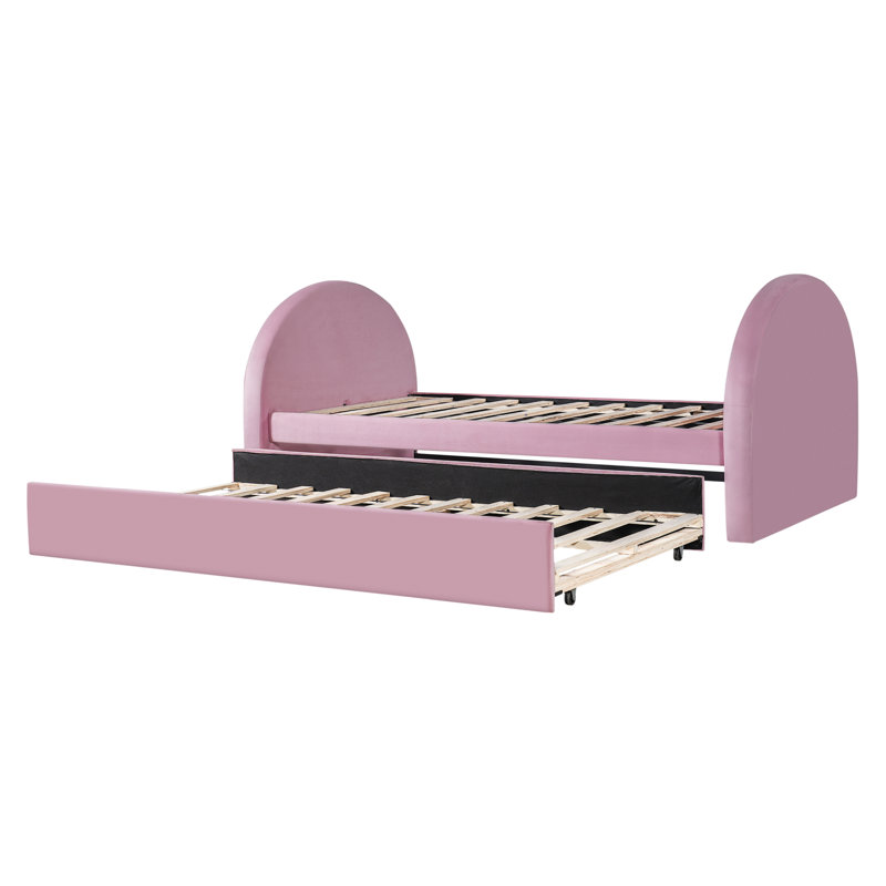 Modern Minimalist Upholstered Daybed with Pull-Out Trundle and Rounded Panels, Twin, Pink