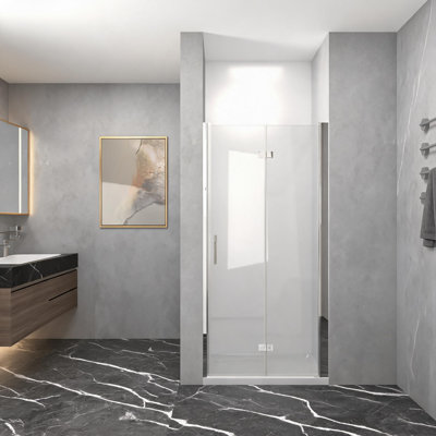Porte de douche pliante de 86 cm x 183 cm avec cadre en aluminium chromé, verre trempé de 6 mm et film anti-explosion