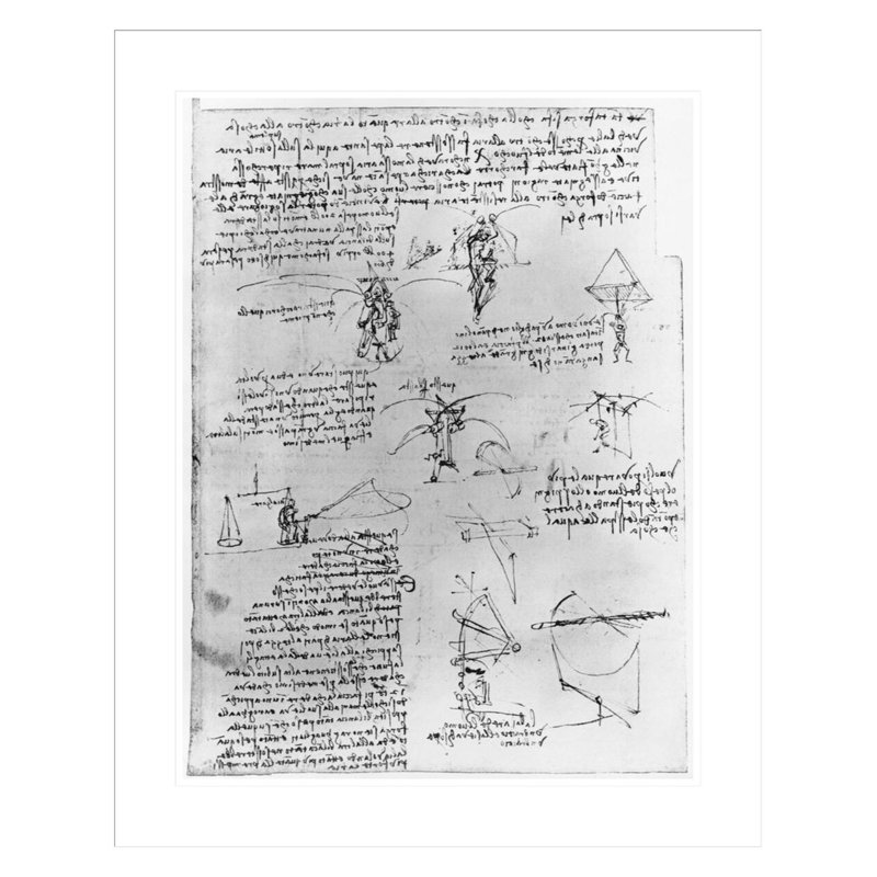 Dessins des expériences en parachute et des machines volantes par Leonardo Da Vinci - Estampe numérique encadrée
