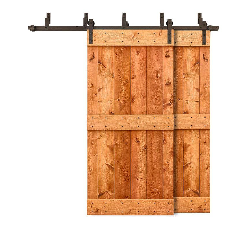 Porte de grange double à panneaux en bois teinté à panneau Mid-Bar, 40 po x 84 po, Noyer rouge