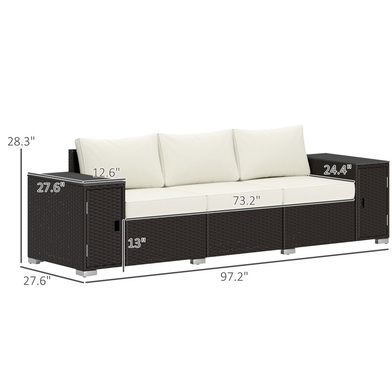 3 Seater Wicker Sofa with Storage and Thickened Cushions, Rattan Outdoor Patio Sofa with Wide Armrests and Seat, Wicker Outdoor Couch for Porch, Garden, Backyard