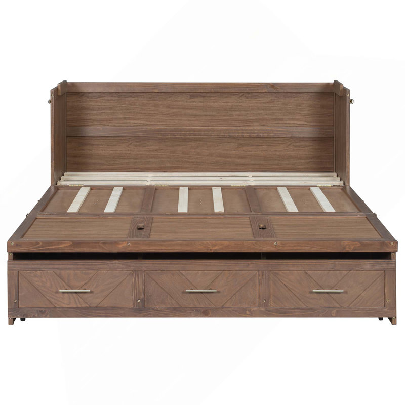 Lit escamotable en bois de pin avec station de charge USB intégrée et panneau de décoration géométrique, Noyer foncé