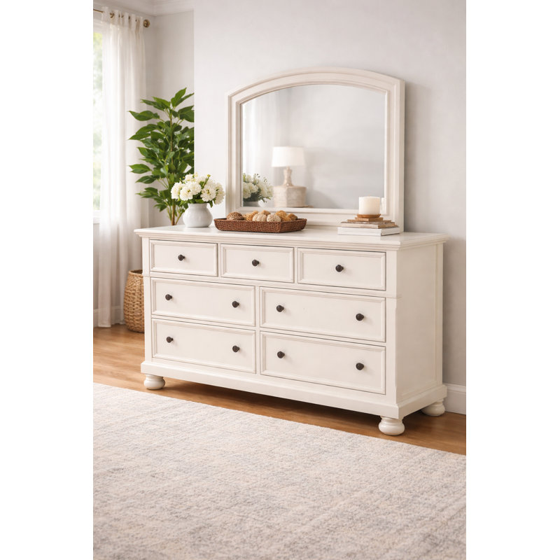 Ensemble de commode et miroir à 7 tiroirs avec plateau caché pour bijoux Aurane 65,25 po Aurane, Blanc