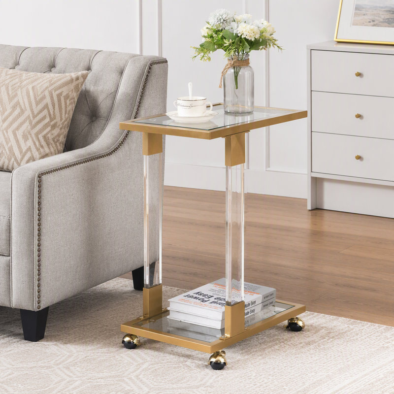 Table d'appoint dorée, table de canapé en acrylique, table carrée en C avec plateau en verre et base en métal pour le salon, la chambre à coucher, le balcon, la maison et le bureau