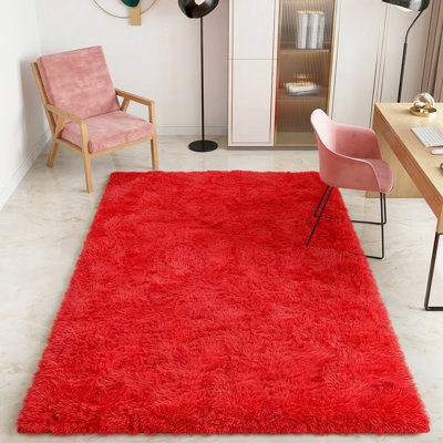 Tapis rouges moelleux pour le salon, tapis à poils longs doux pour la chambre à coucher, tapis pelucheux d'intérieur, envers antidérapant de qualité supérieure, idéal pour les endroits très passants, cadeau d'école