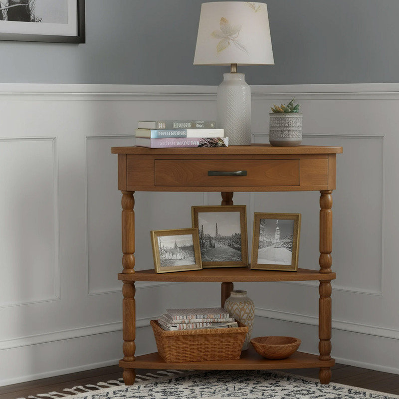 Table d'appoint d'angle en bois à 3 niveaux avec tiroir et tablettes ouvertes, Brun