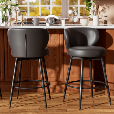 Bar Stools Set of 2, 26 Inch Barstools with Sturdy Legs, Black Leather Farmhouse Counter Height Bar Stool for Kitchen, Dining, Bar