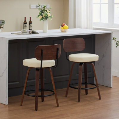 Ensemble de 2 tabourets de bar pivotants de style Mid-Century, tabourets de bar à hauteur de comptoir revêtus de similicuir avec dossier en noyer et pieds en bois cintré pour îlot de cuisine
