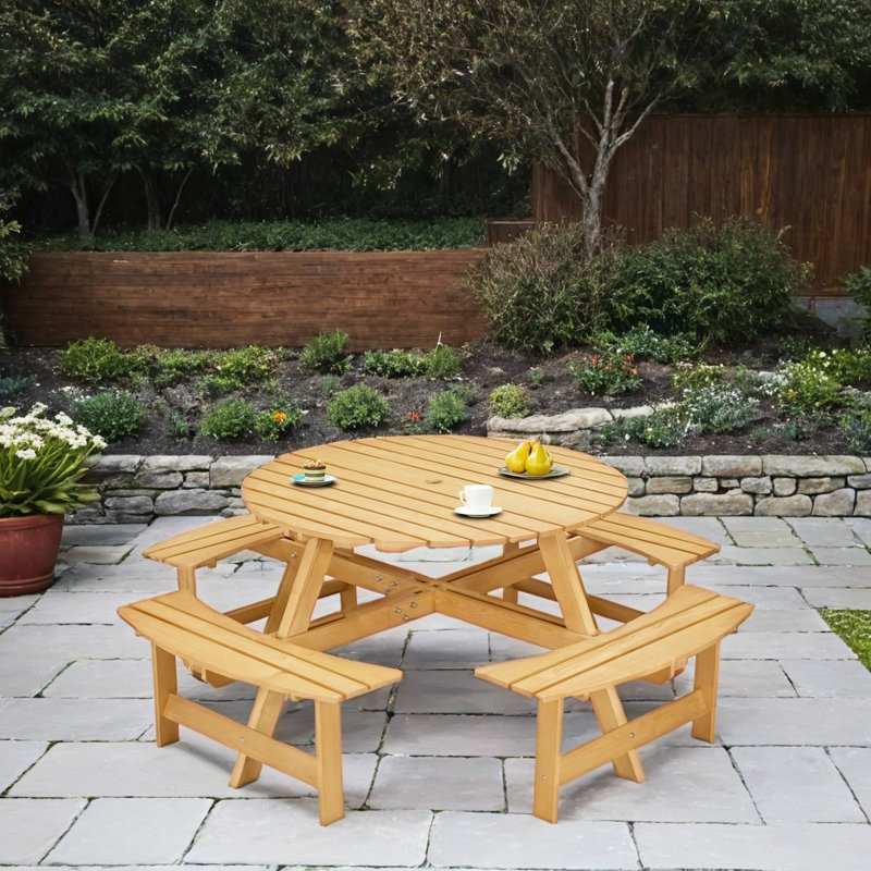 8-Person Round Picnic Table – 4 Built-in Benches & Umbrella Hole (Natural Wood, All-Weather), Natural