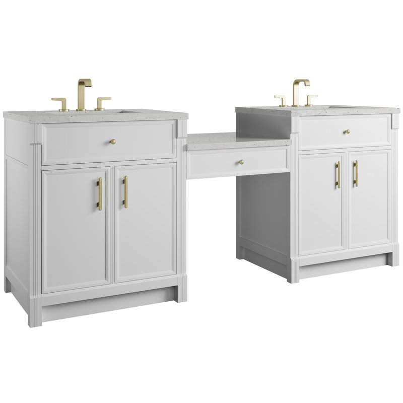 Bellshire 84" W Dual Vanity Set with 24" Make-Up Counter, Bright White, 8" Widespread, Lime Delight
